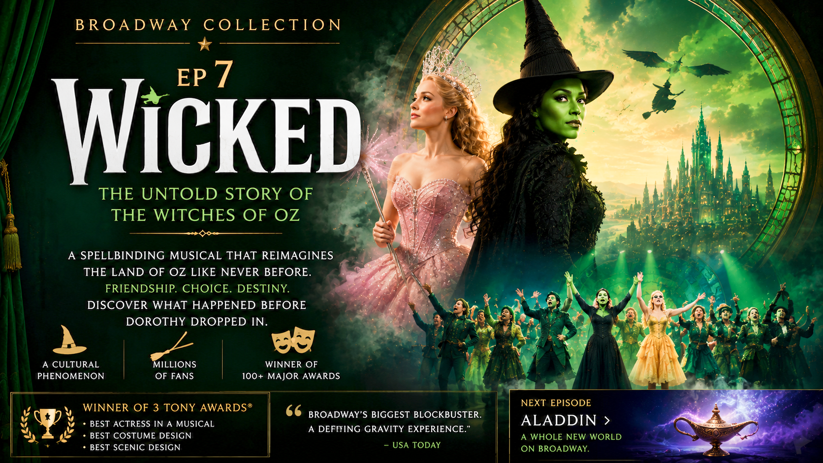 Wicked Broadway musical official poster featuring Elphaba and Glinda from Broadway Collection EP7