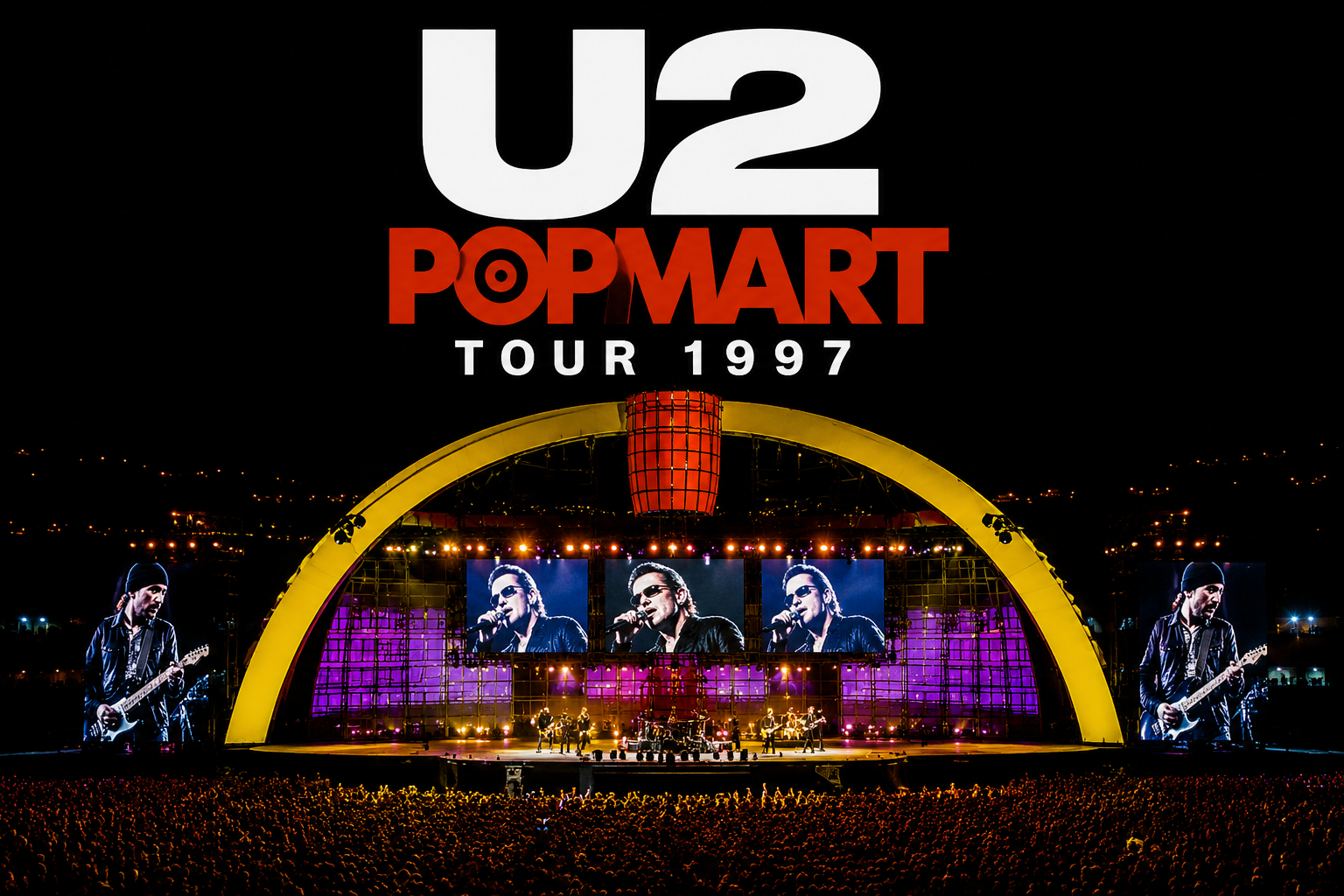 U2's PopMart Tour revolutionized stadium concerts with giant LED screens, pop-art stage design, and one of the most ambitious live productions ever created.